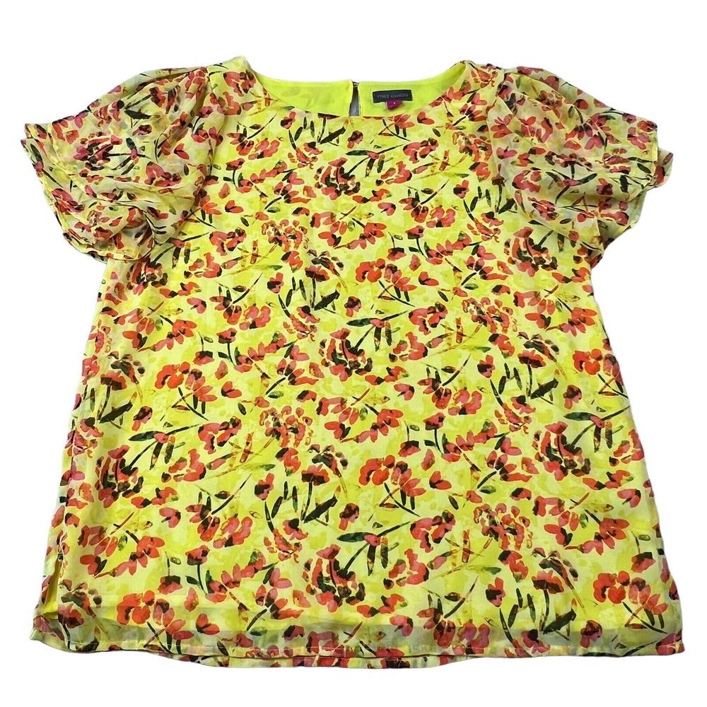 Vince Camuto Womens Blouse Size Small Floral Pattern‎ Yellow Flutter Sleeve